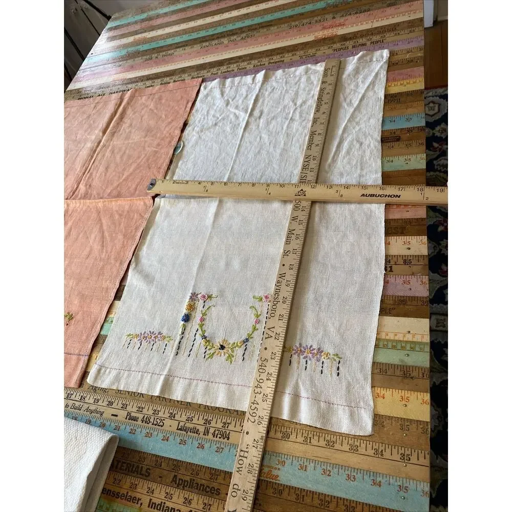 VINTAGE Hand Embroidered Tea Guest Towels Dresser Scarfs LINEN Floral Lot of 3